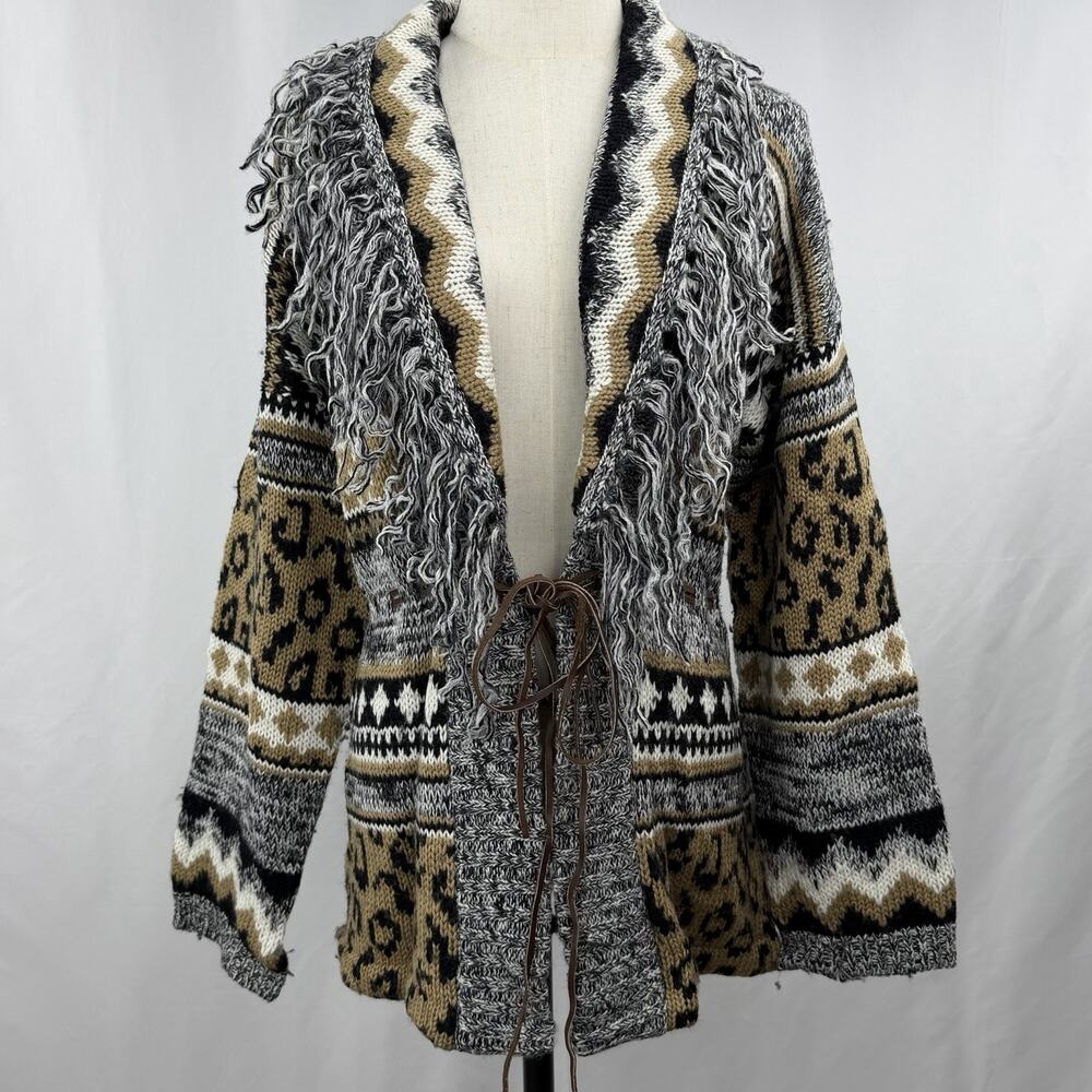 Vintage Together Cardigan Wool Blend Fringe Animal Print Tie Waist M 80s 90s
